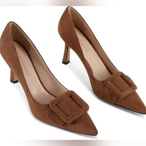 Women's Brown Suede Stiletto High Heel Pumps With Square Buckle, 8